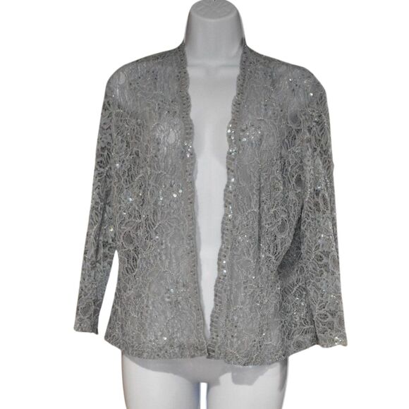 Karen Miller VTG Sequin Blazer L Light Blue Sheer Open Cardigan Glam Beaded - Picture 2 of 16